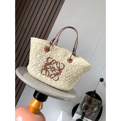 Loewe Medium Anagram Basket Bag in Iraca Palm and Brown Calfskin