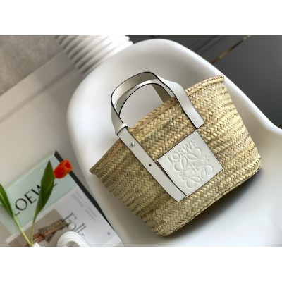 Loewe Medium Basket Bag in Raffia and White Calfskin