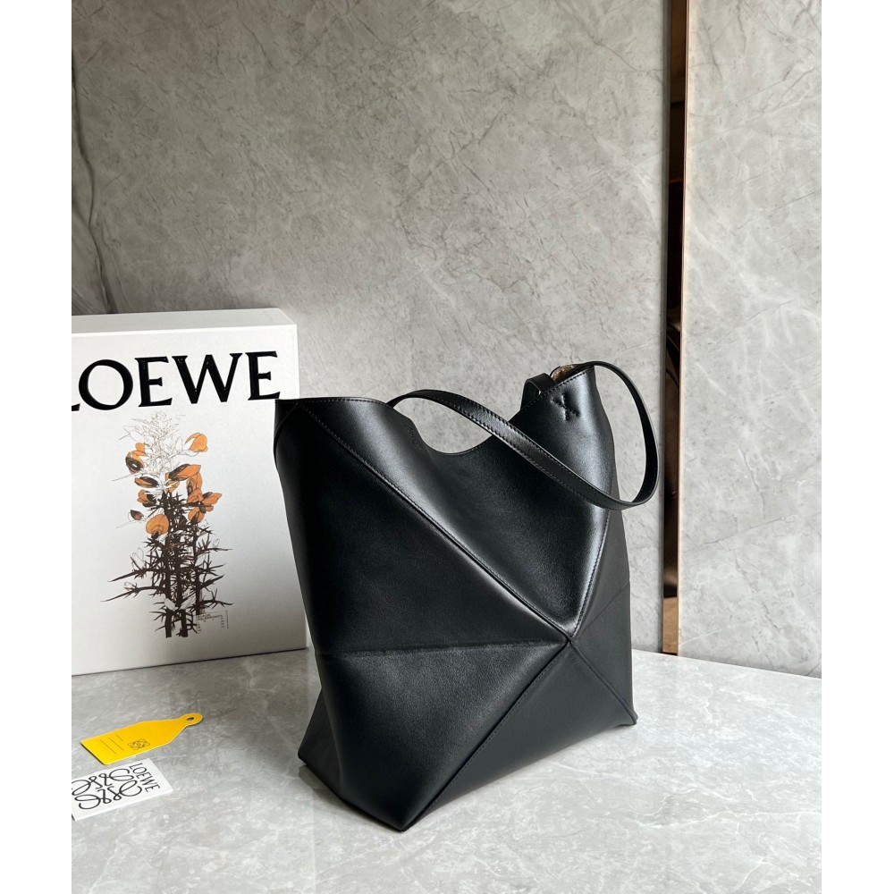 Loewe Medium Puzzle Fold Tote Bag in Black Calfskin