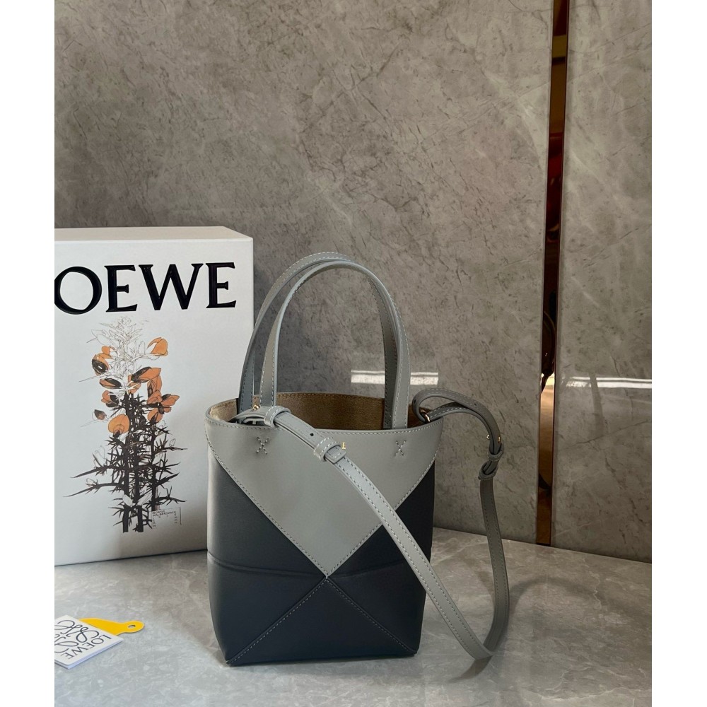 Loewe Mini Puzzle Fold Tote Bag in Grey/Dark Grey Calfskin