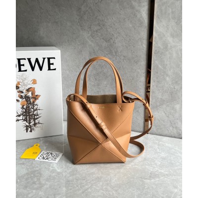 Loewe Mini Puzzle Fold Tote Bag in Tan Calfskin