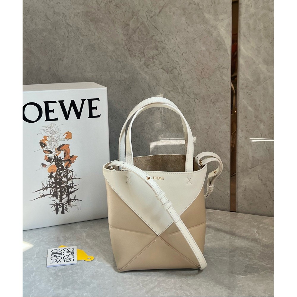 Loewe Mini Puzzle Fold Tote Bag in White/Beige Calfskin