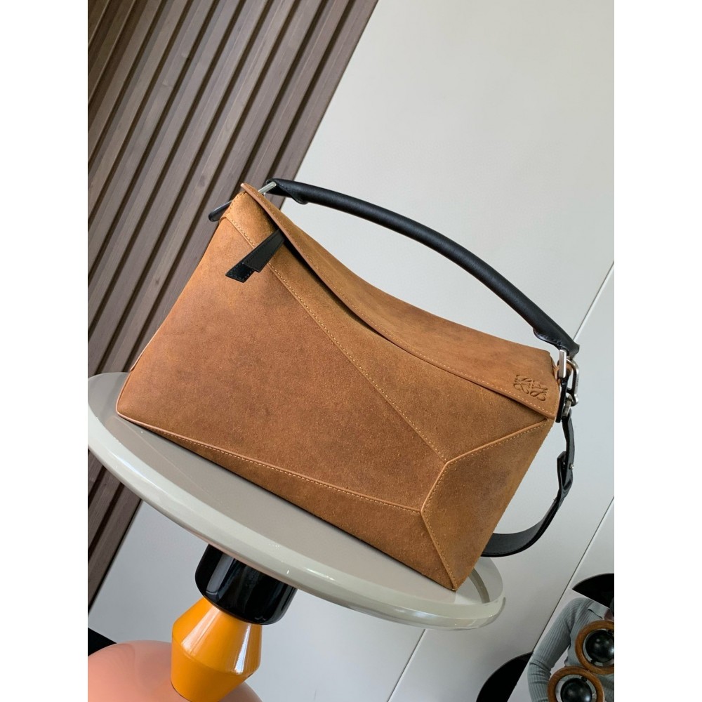 Loewe Puzzle Large Bag in Brown Suede Calfskin