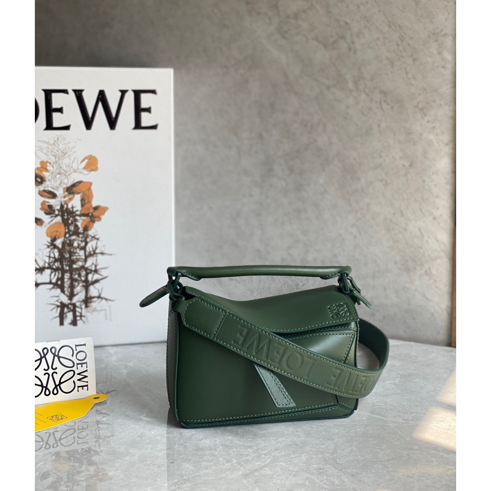 Loewe Puzzle Mini Bag In Vintage Khaki Satin Calfskin