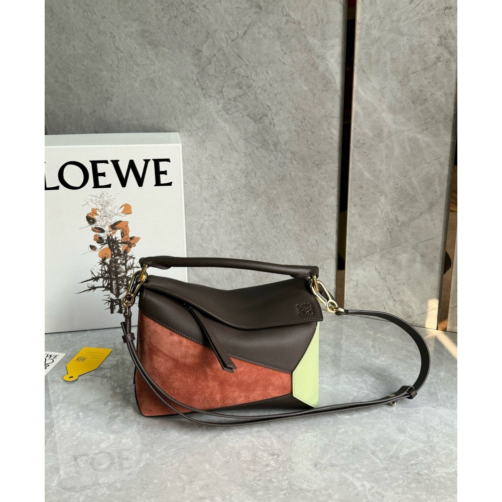 Loewe Puzzle Small Bag in Tan Suede and Chocolate Calfskin