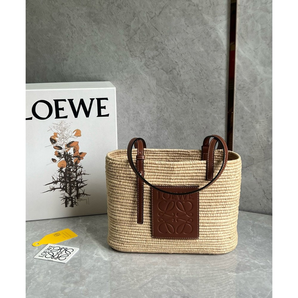 Loewe Small Square Basket Bag in Raffia and Brown Calfskin