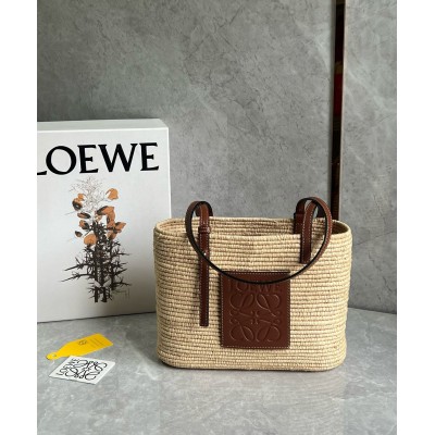 Loewe Small Square Basket Bag in Raffia and Brown Calfskin