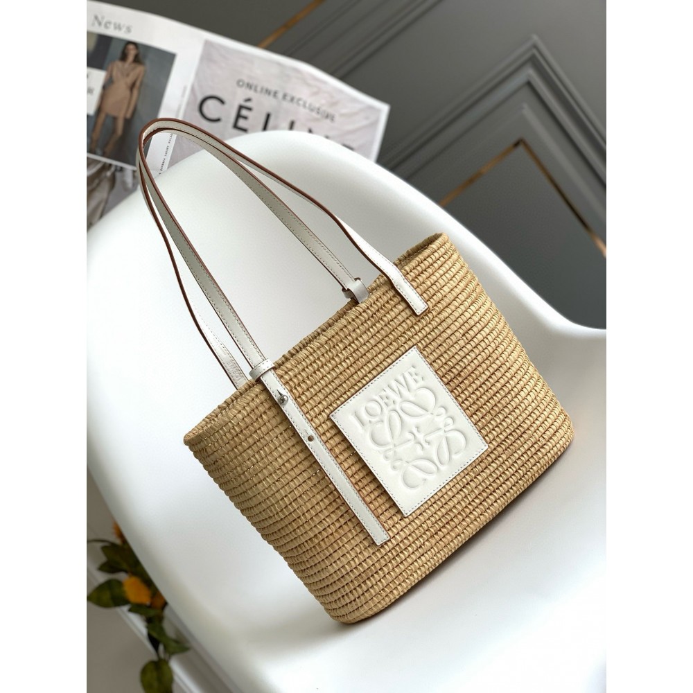 Loewe Small Square Basket Bag in Raffia and White Calfskin